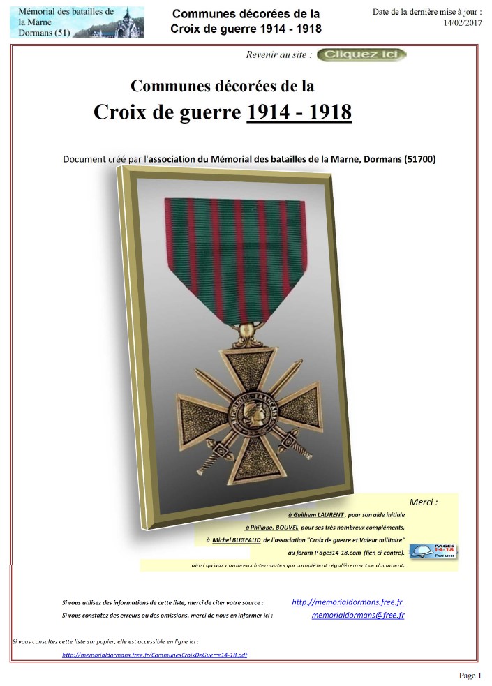 Communes décorées de la Croix de guerre 1914-1918