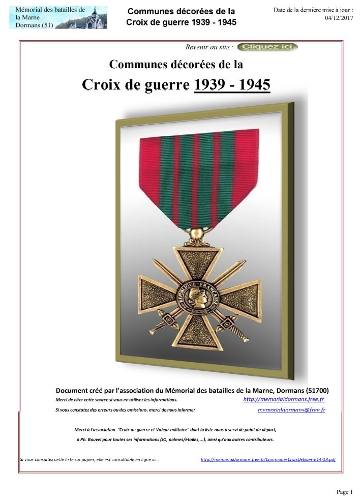 Communes décorées de la Croix de guerre 1939-1945